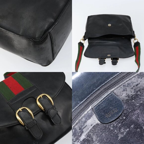 GUCCI Web Sherry Line Shoulder Bag Leather Black Gold Red Auth 154664 - Picture 13 of 15